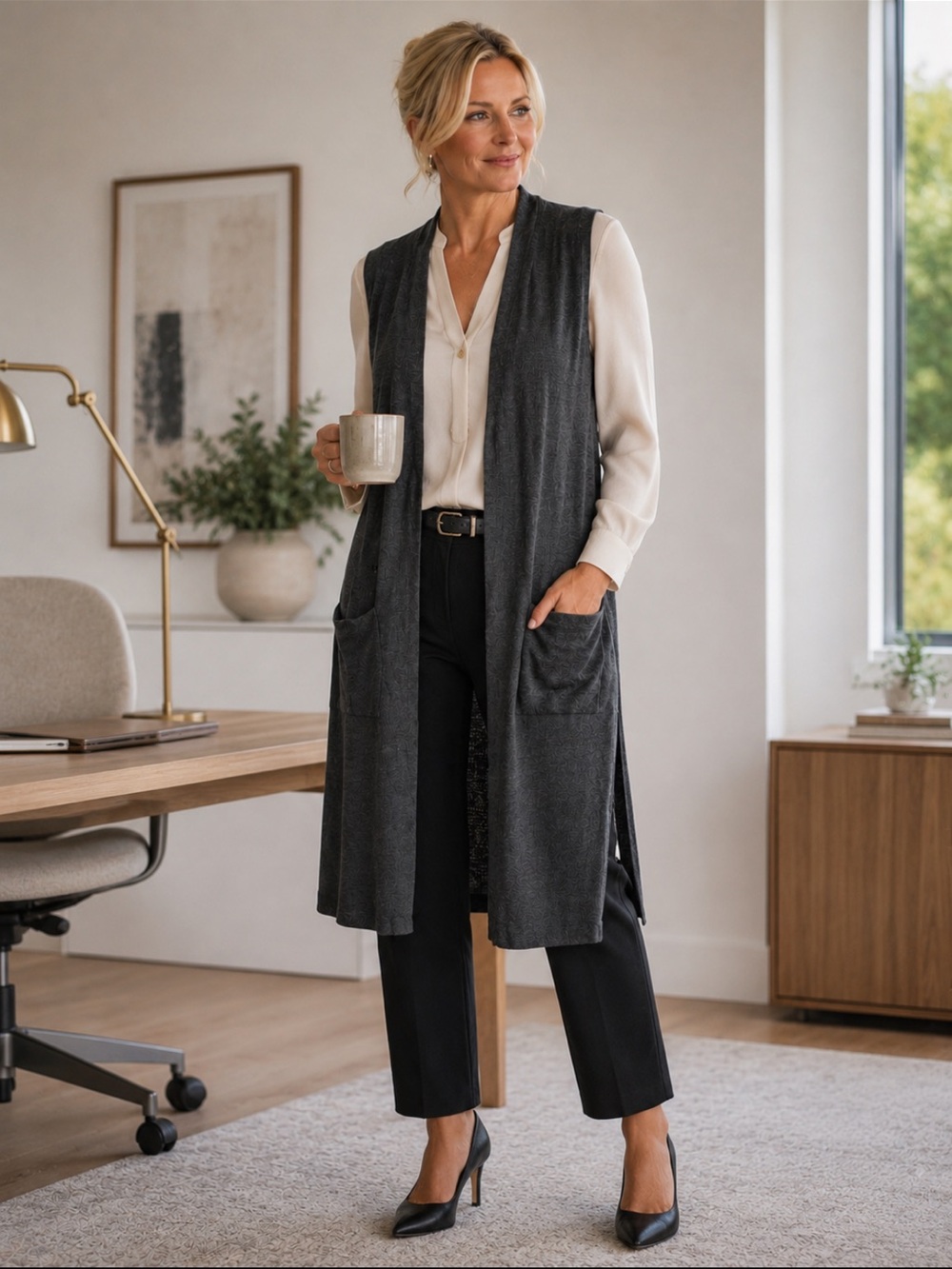 Eileen Fisher Merino Wool Open Duster Long Cardigan Vest Gray SP